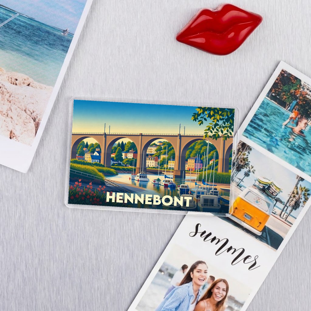 Magnet souvenir de la ville de Hennebont avec une illustration stylisée de son viaduc et du port.