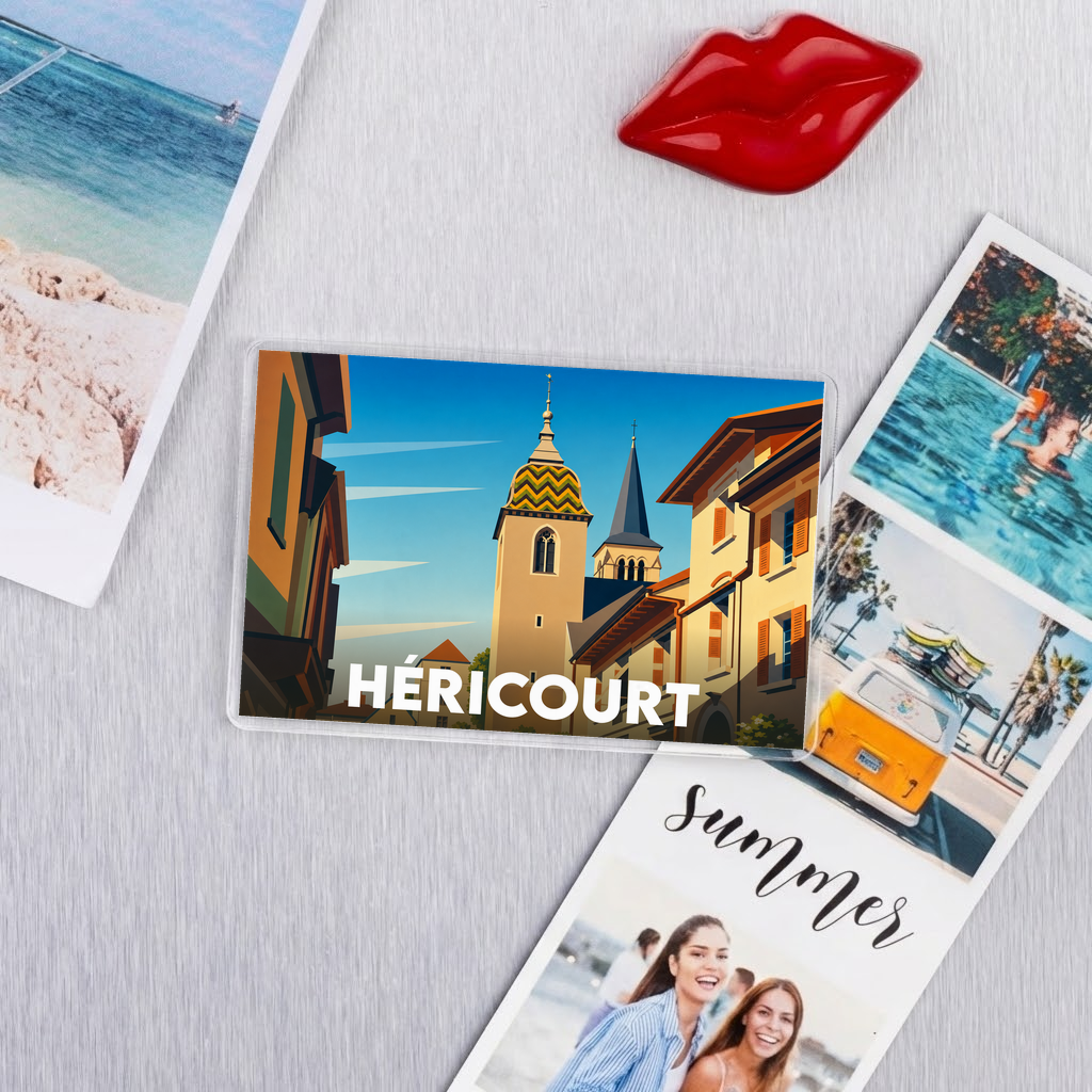 Magnet souvenir de la ville de Héricourt avec une illustration stylisée de son architecture.