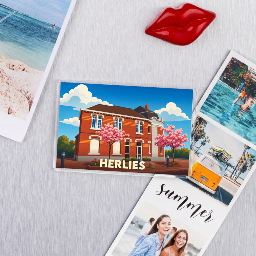 Magnet souvenir de la ville de Herlies avec une illustration stylisée de sa mairie.