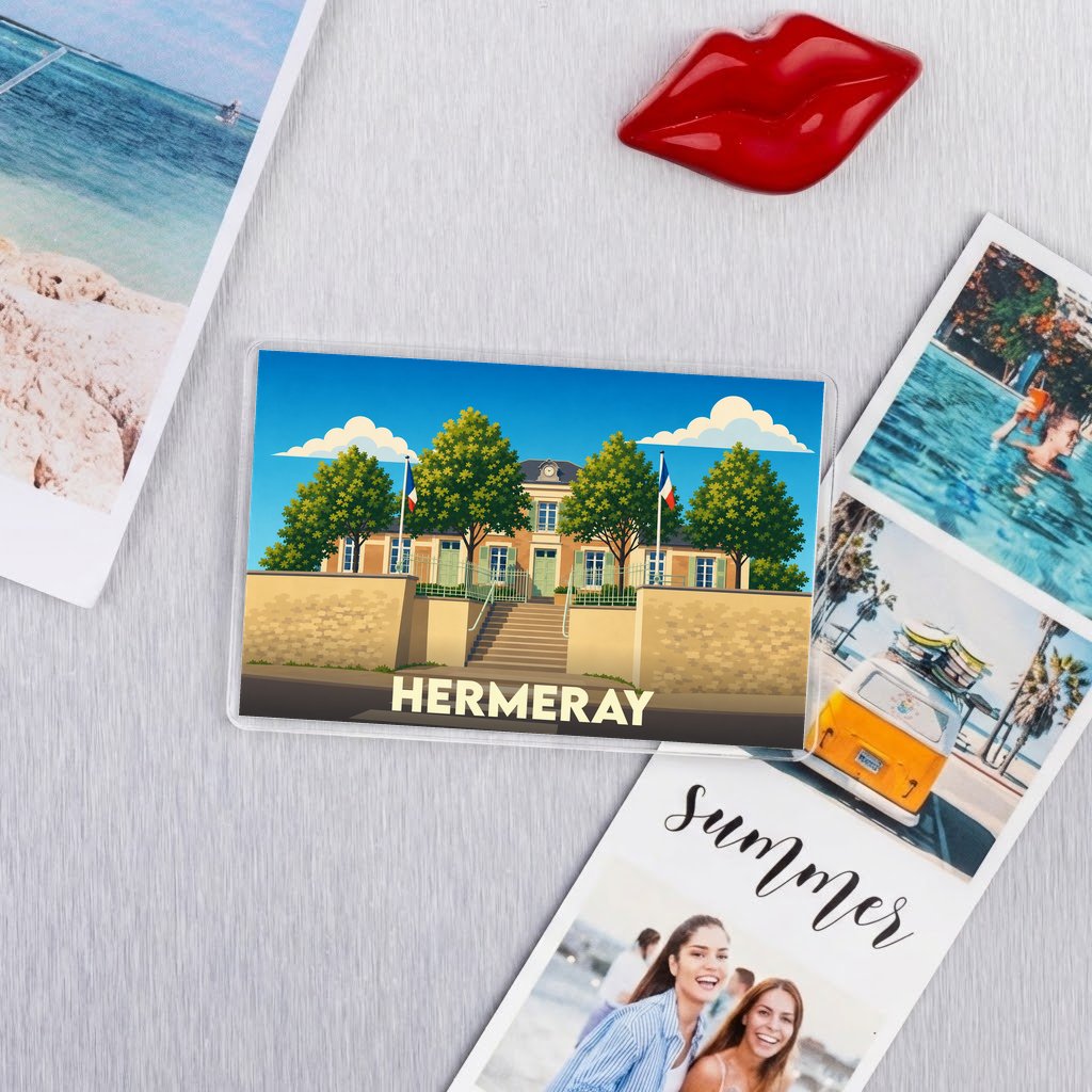 Magnet souvenir de la ville de Hermeray avec une illustration stylisée de sa mairie.