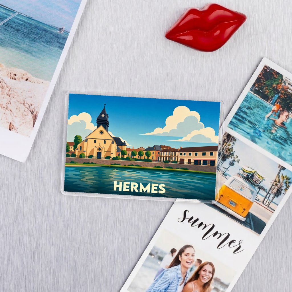 Magnet souvenir de la ville de Hermes avec une illustration stylisée.