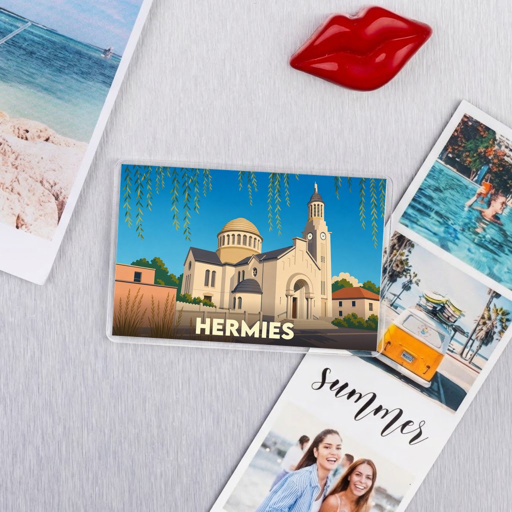 Magnet souvenir de la ville de Hermies avec une illustration stylisée de son église.