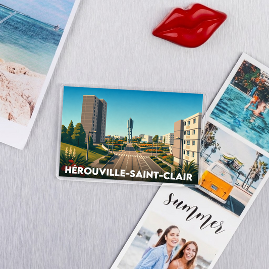 Magnet souvenir de la ville de Hérouville-Saint-Clair avec une illustration stylisée de son paysage urbain.