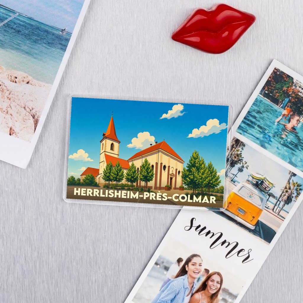Magnet souvenir de la ville de Herrlisheim-près-Colmar avec une illustration stylisée de son église.