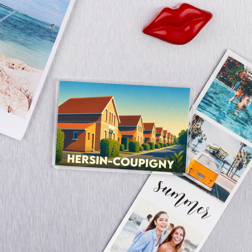 Magnet souvenir de la ville de Hersin-Coupigny avec une illustration stylisée de maisons alignées.