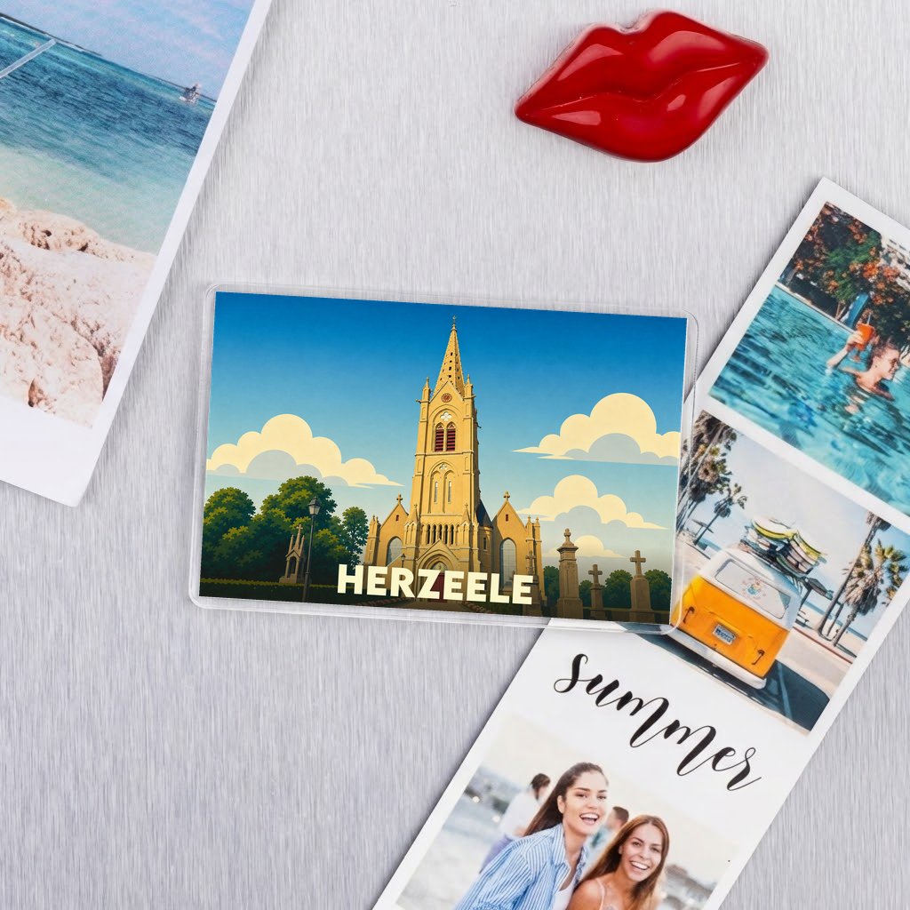 Magnet souvenir de la ville de Herzeele avec une illustration stylisée de son église.
