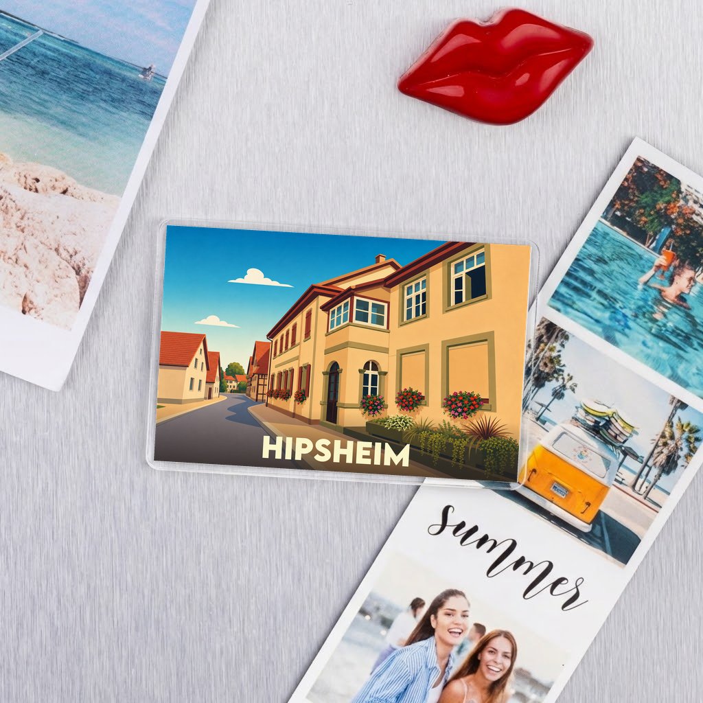 Magnet souvenir de la ville de Hipsheim avec une illustration stylisée.