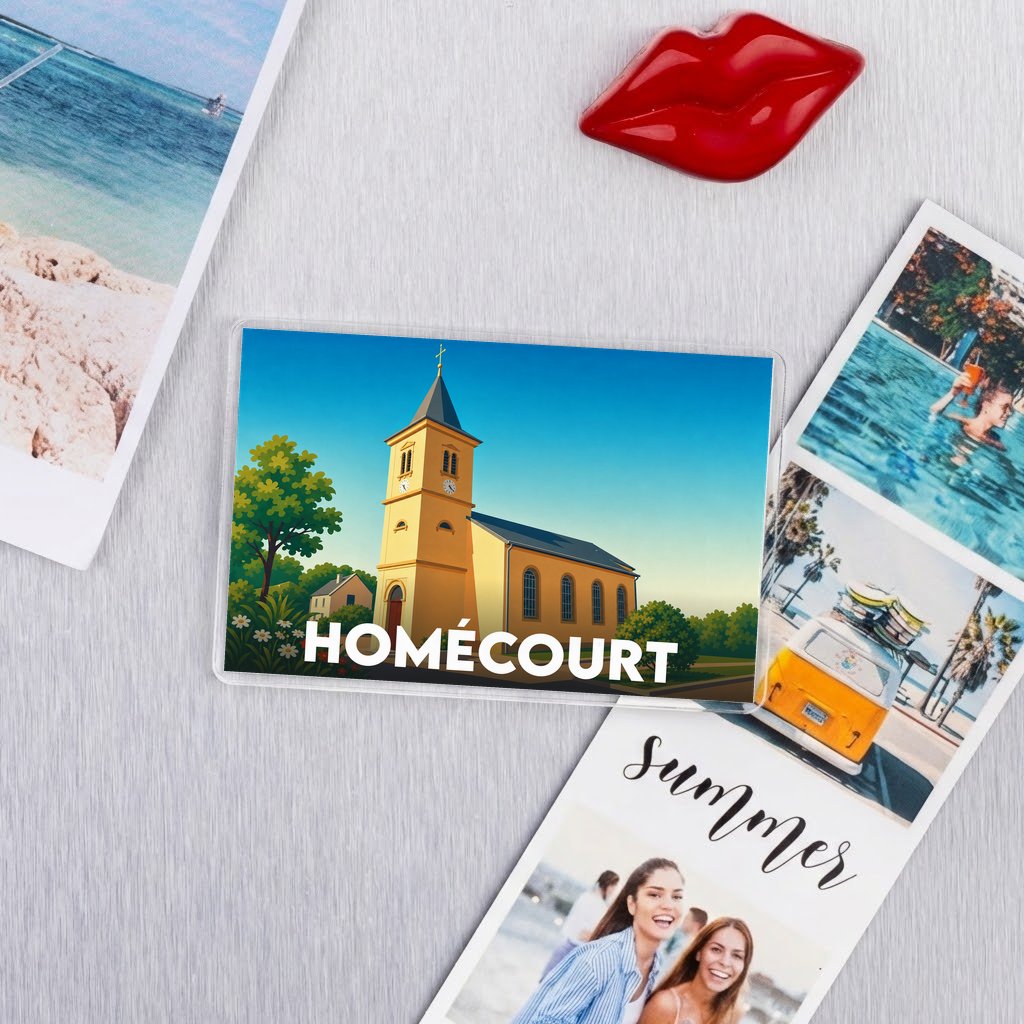 Magnet souvenir de la ville de Homécourt avec une illustration stylisée d'une église.