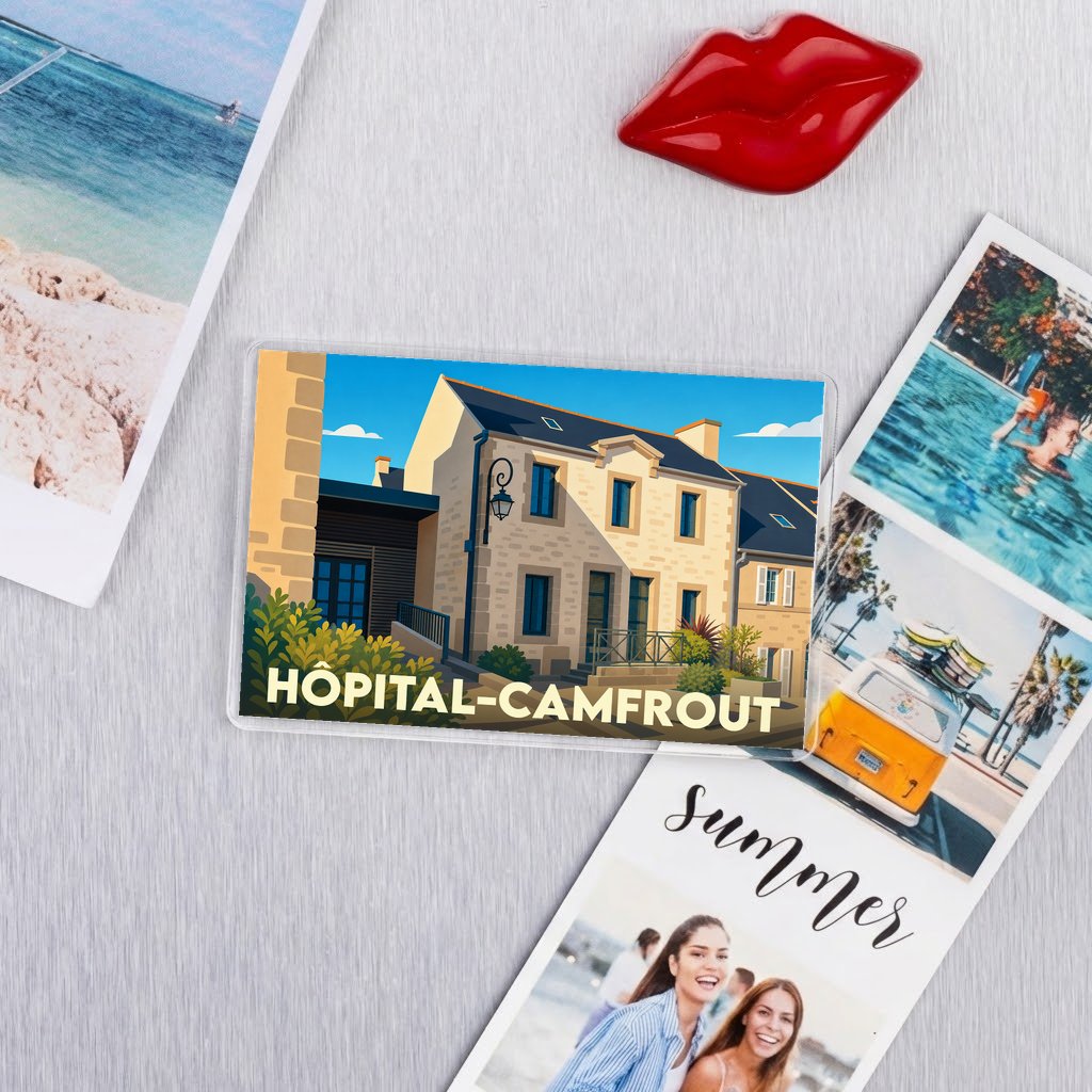 Magnet souvenir de la ville de Hôpital-Camfrout avec une illustration stylisée d'une maison traditionnelle.