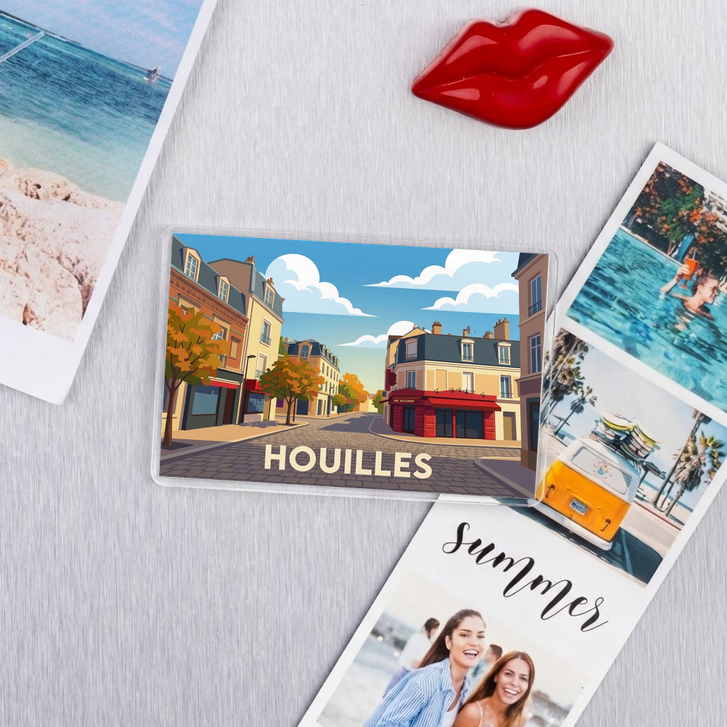 Magnet souvenir de la ville de Houilles avec une illustration stylisée d'un paysage urbain.