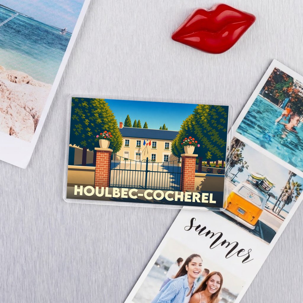 Magnet souvenir de la ville de Houlbec-Cocherel avec une illustration stylisée d'un manoir.