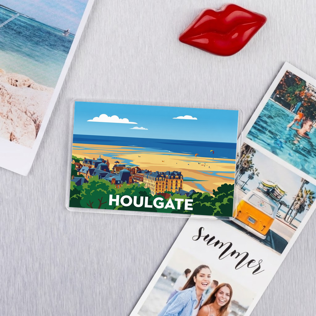 Magnet souvenir de la ville de Houlgate avec une illustration stylisée de son front de mer.