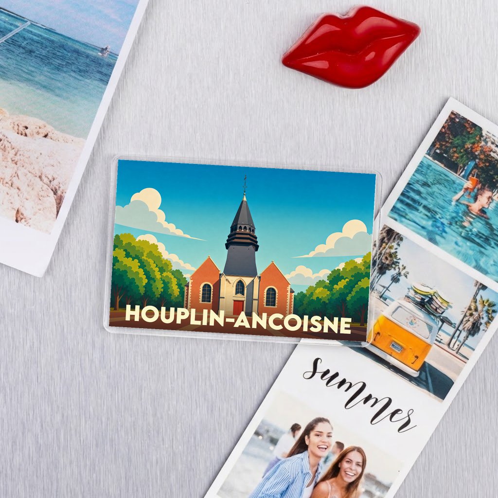 Magnet souvenir de la ville de Houplin-Ancoisne avec une illustration stylisée de son église.