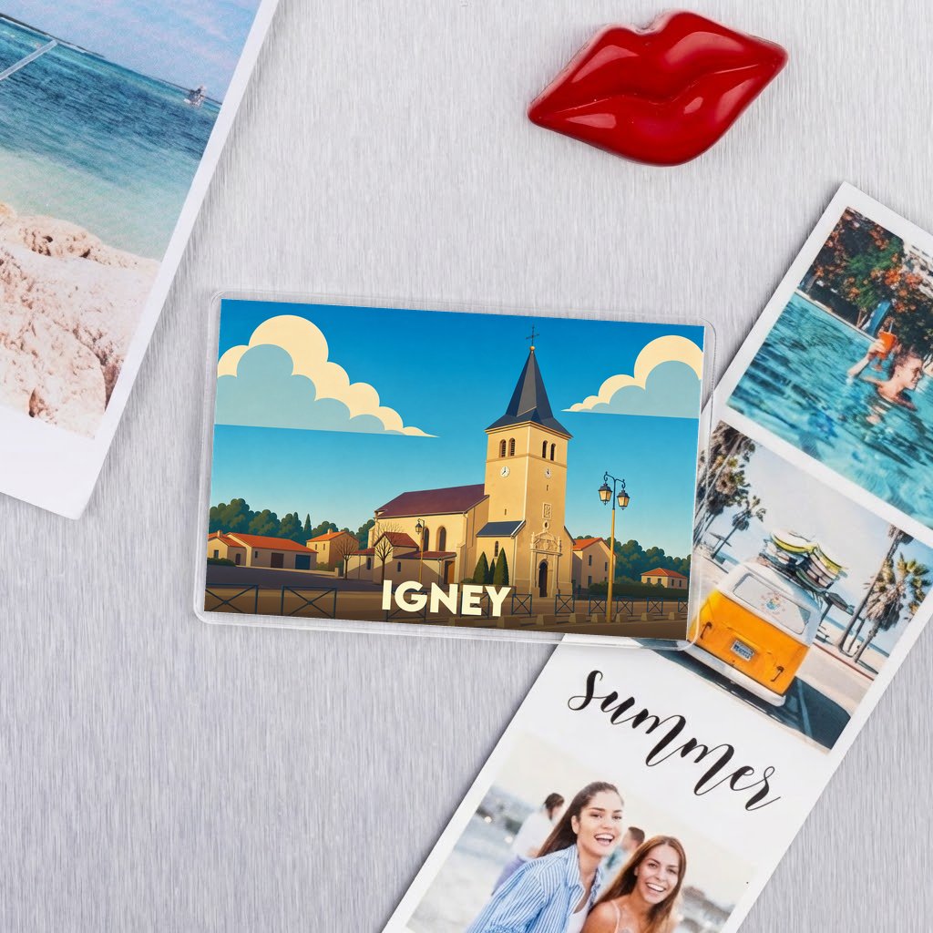 Magnet souvenir de la ville d'Igney avec une illustration stylisée de son église.