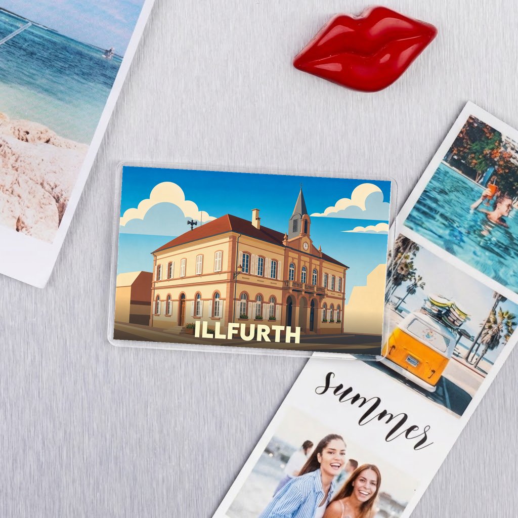 Magnet souvenir de la ville de Illfurth avec une illustration stylisée de son hôtel de ville.