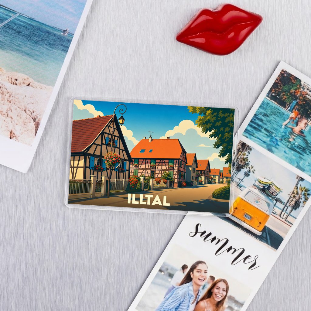 Magnet souvenir de la ville de Illtal avec une illustration stylisée de maisons à colombages.