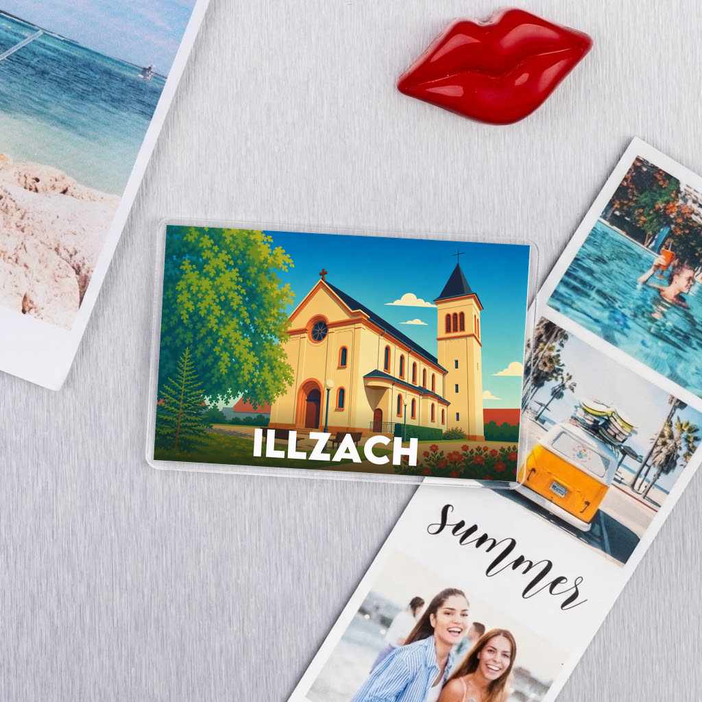 Magnet souvenir de la ville d'Illzach avec une illustration stylisée de son église.