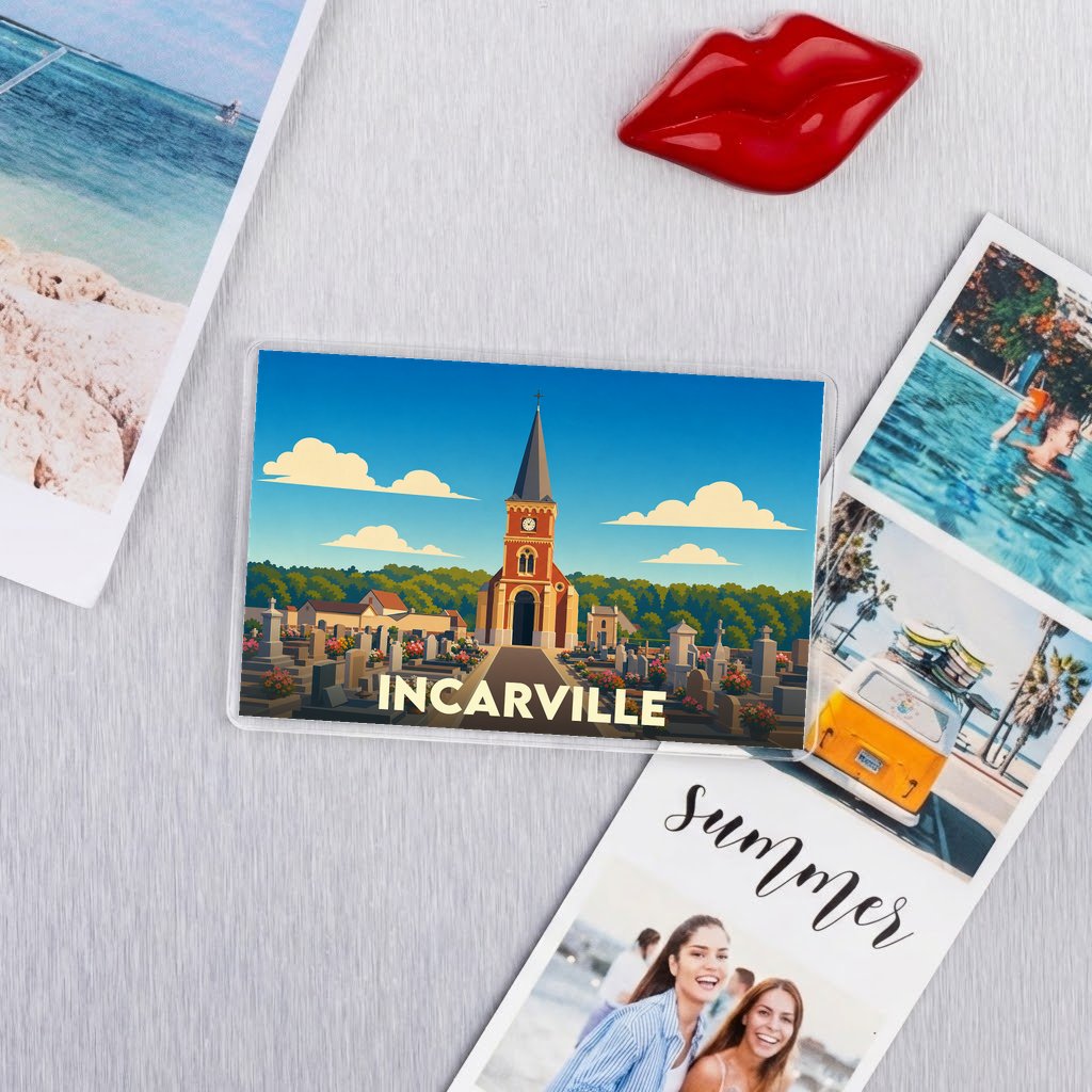 Magnet souvenir de la ville d'Incarville avec une illustration stylisée d'une église et de son cimetière.