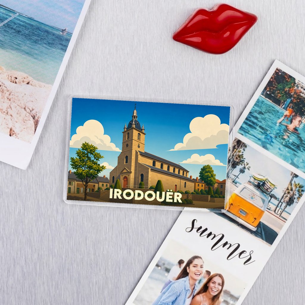 Magnet souvenir de la ville d'Irodouër avec une illustration stylisée de son église.