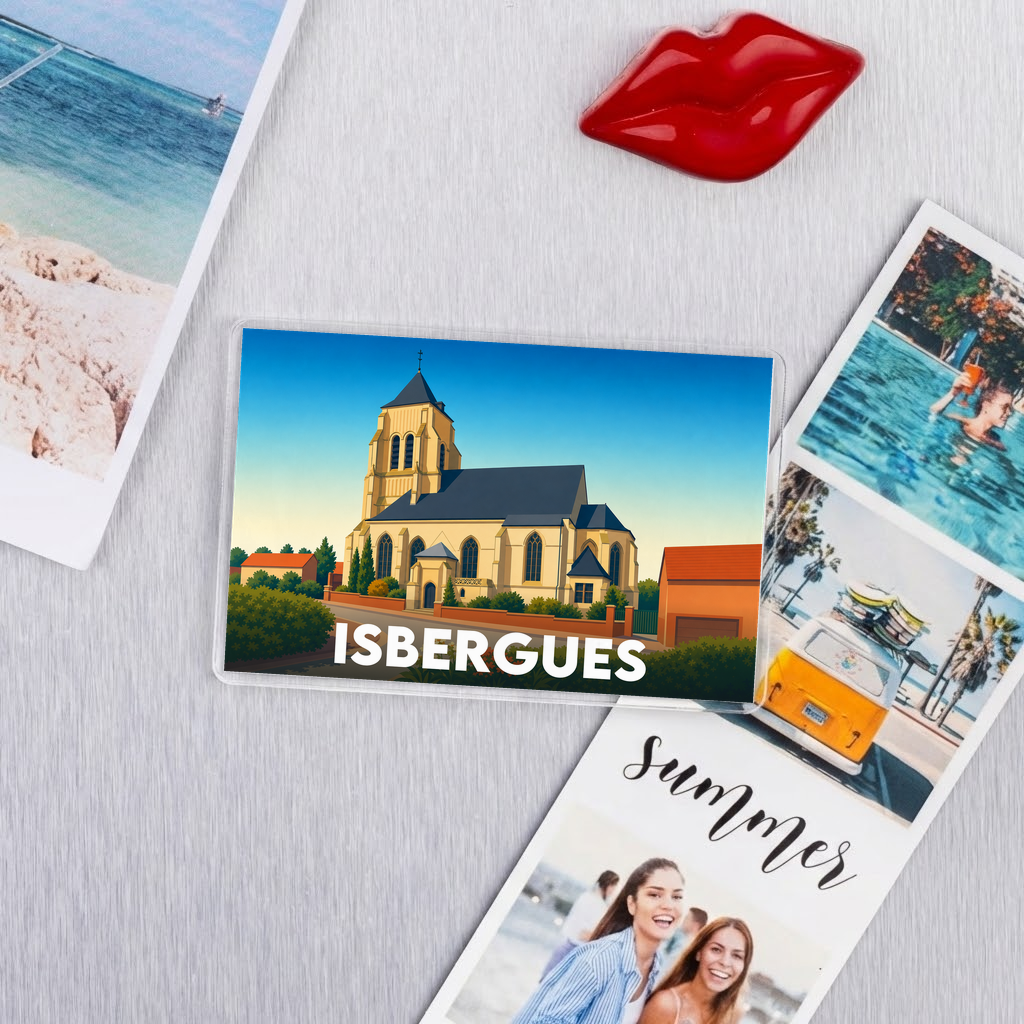 Magnet souvenir de la ville d'Isbergues avec une illustration stylisée de son église.