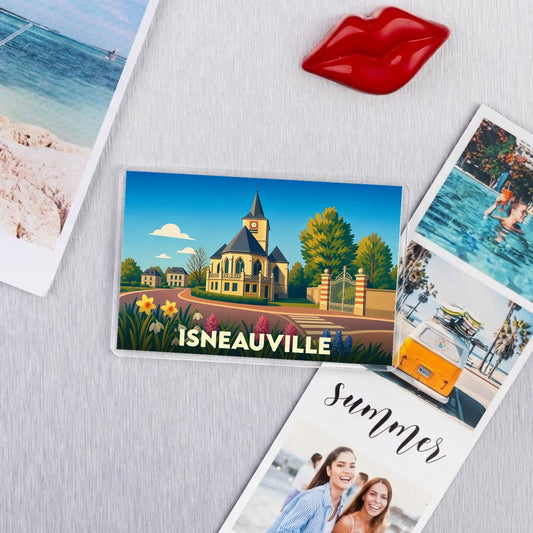 Magnet souvenir de la ville de Isneauville avec une illustration stylisée de son église.
