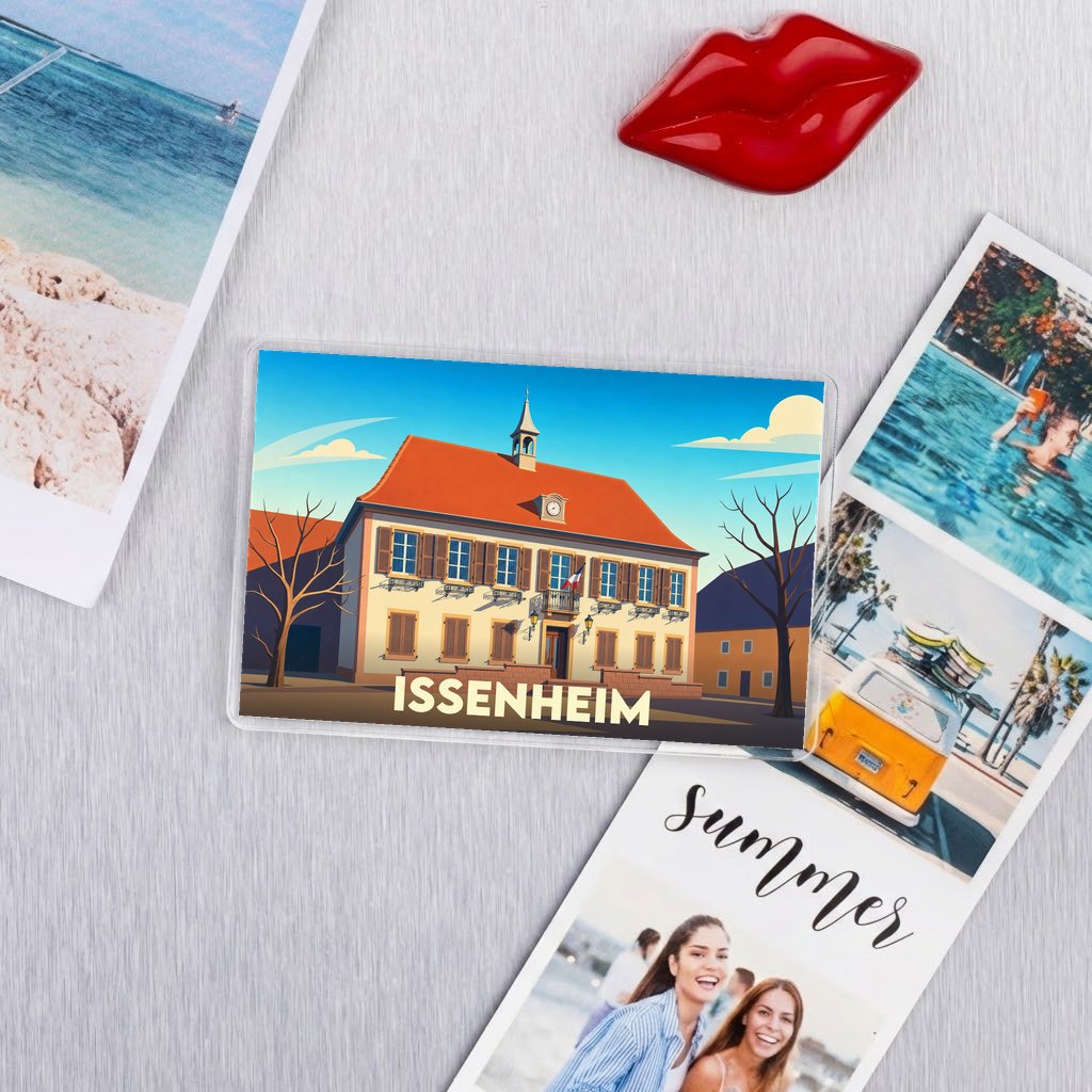 Magnet souvenir de la ville de Issenheim avec une illustration stylisée de son hôtel de ville.