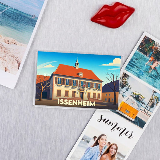 Magnet souvenir de la ville de Issenheim avec une illustration stylisée de son hôtel de ville.