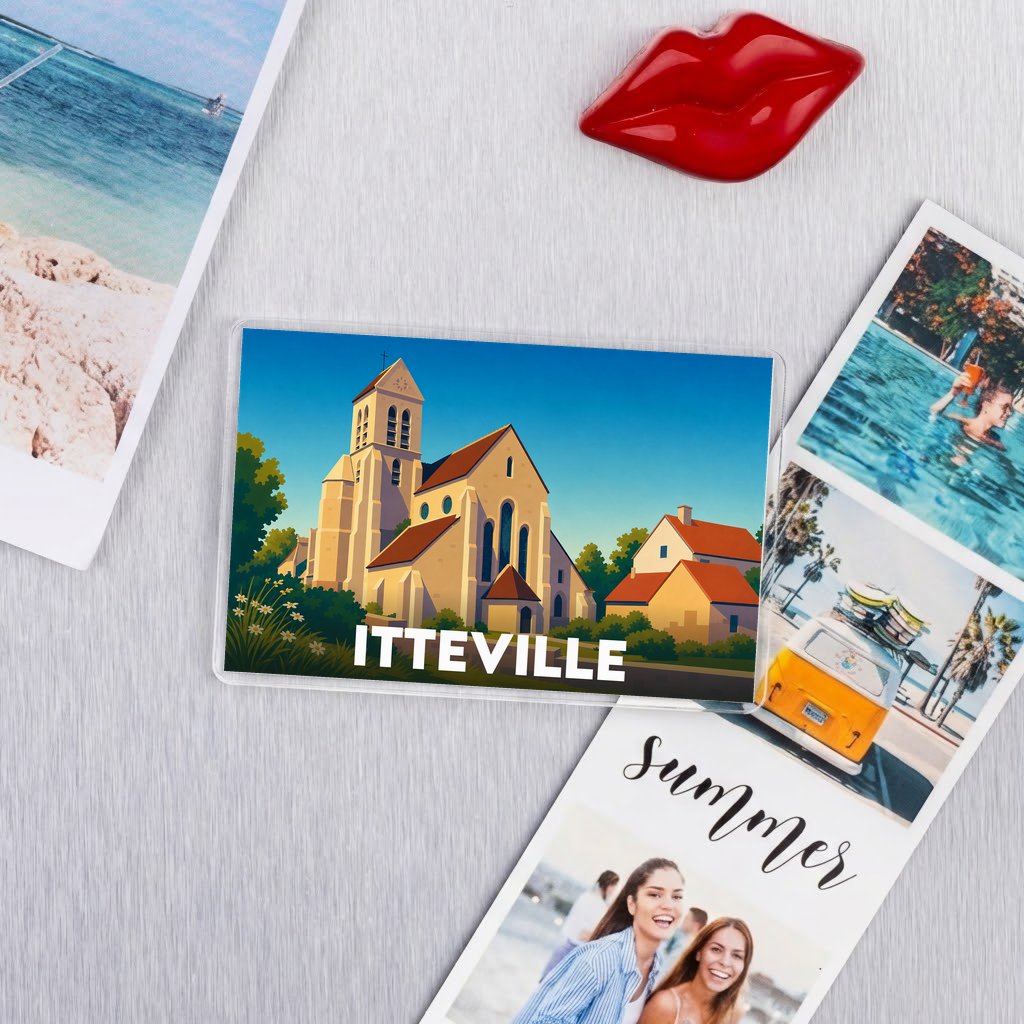 Magnat souvenir de la ville d'Itteville illustré par une vue stylisée de son église.