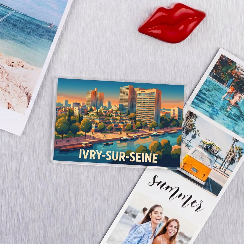 Magnet souvenir de la ville d'Ivry-sur-Seine avec une illustration stylisée de son paysage urbain en bord de Seine.