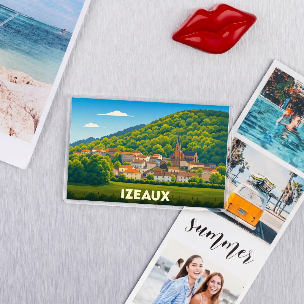 Magnet souvenir de la ville d'Izeaux avec une illustration stylisée.