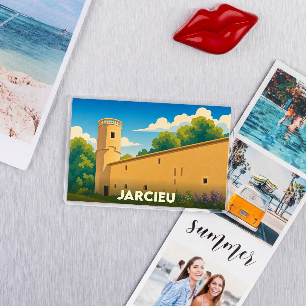 Magnet souvenir de la ville de Jarcieu avec une illustration stylisée.