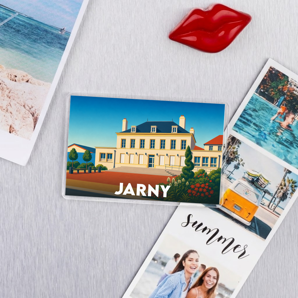 Magnet souvenir de la ville de Jarny avec une illustration stylisée de l'hôtel de ville.