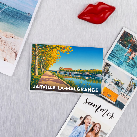 Magnet souvenir de la ville de Jarville-la-Malgrange avec une illustration stylisée d'un canal bordé d'arbres en automne.