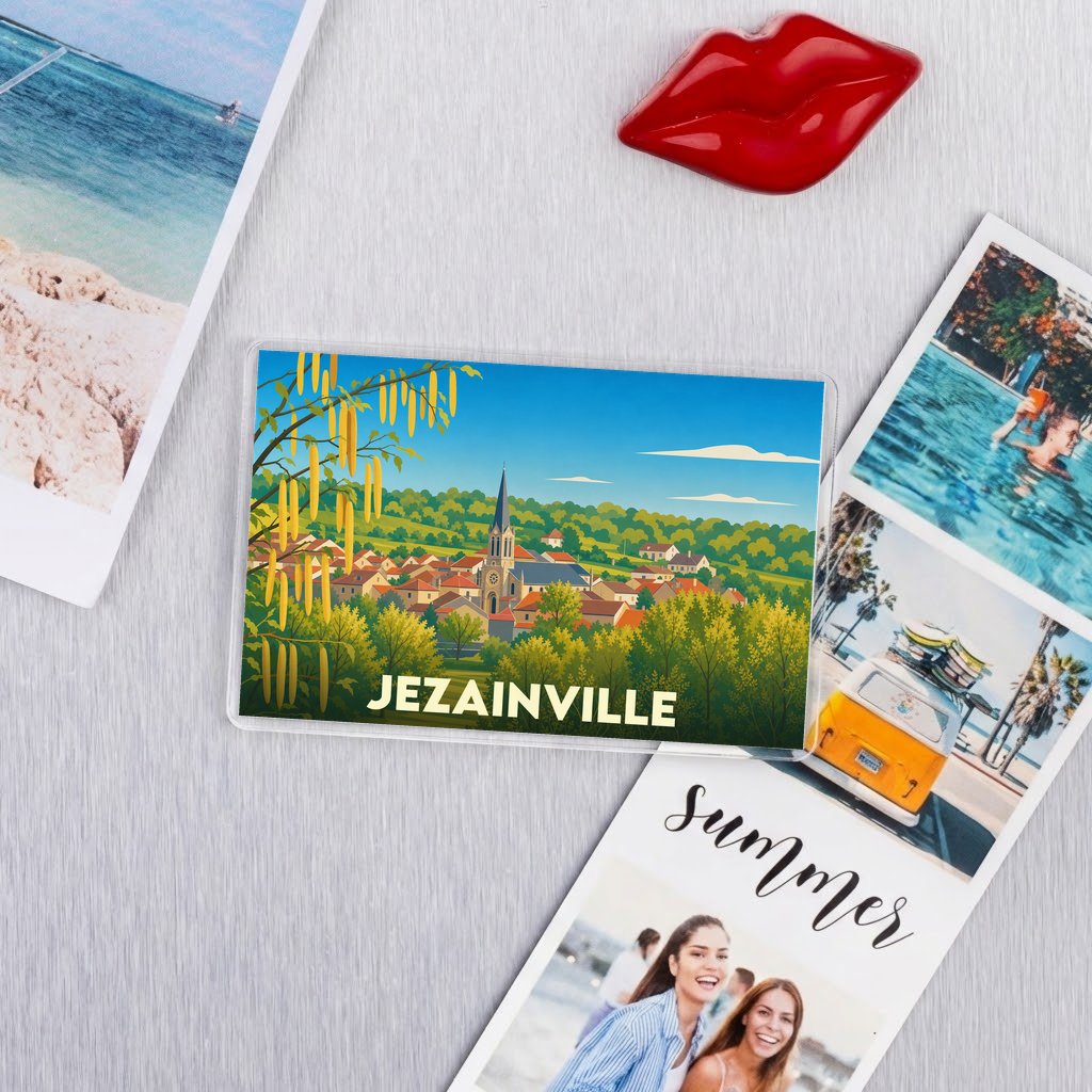 Magnet souvenir de la ville de Jezainville avec une illustration paysagère stylisée.