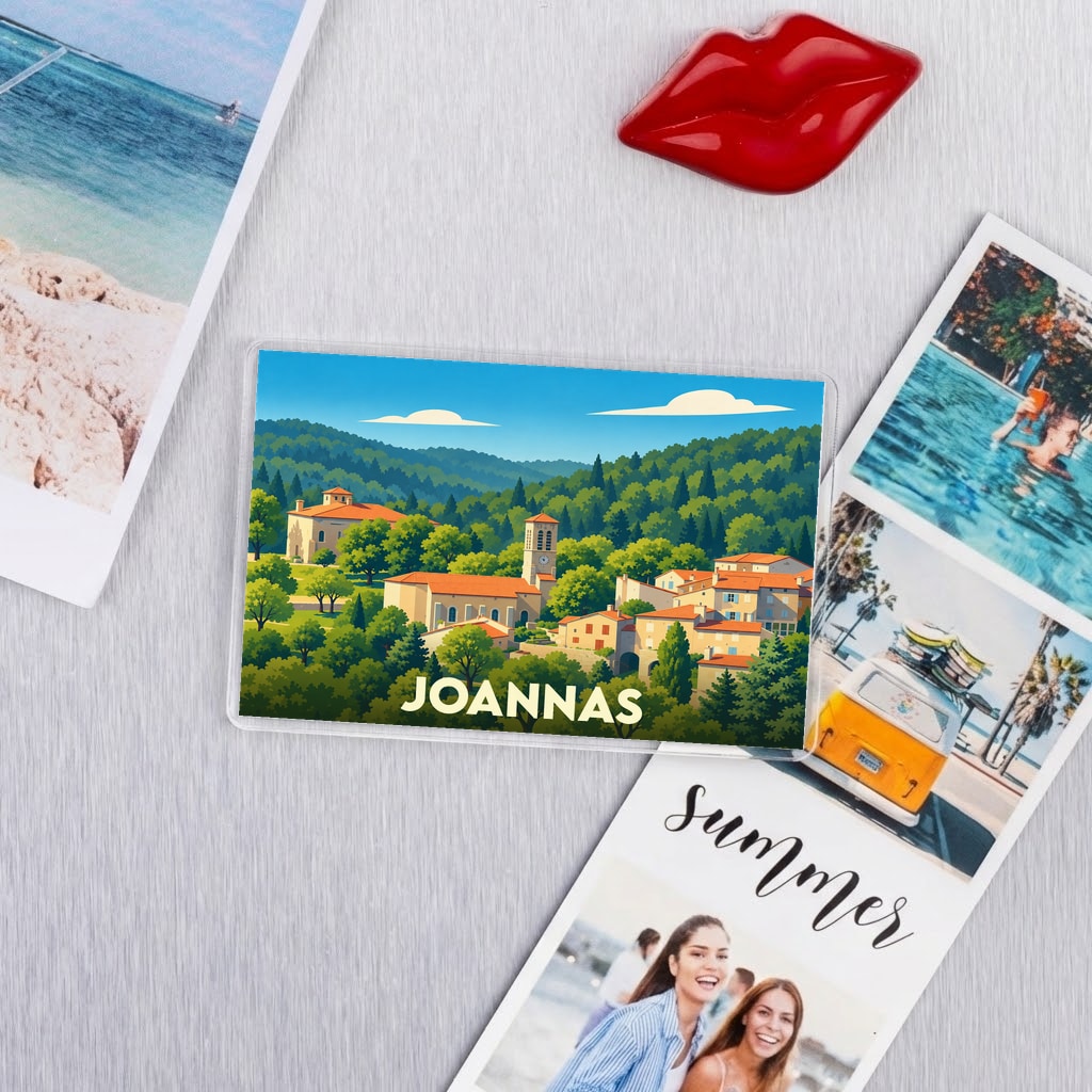 Magnét souvenir de la ville de Joannas avec une illustration stylisée.