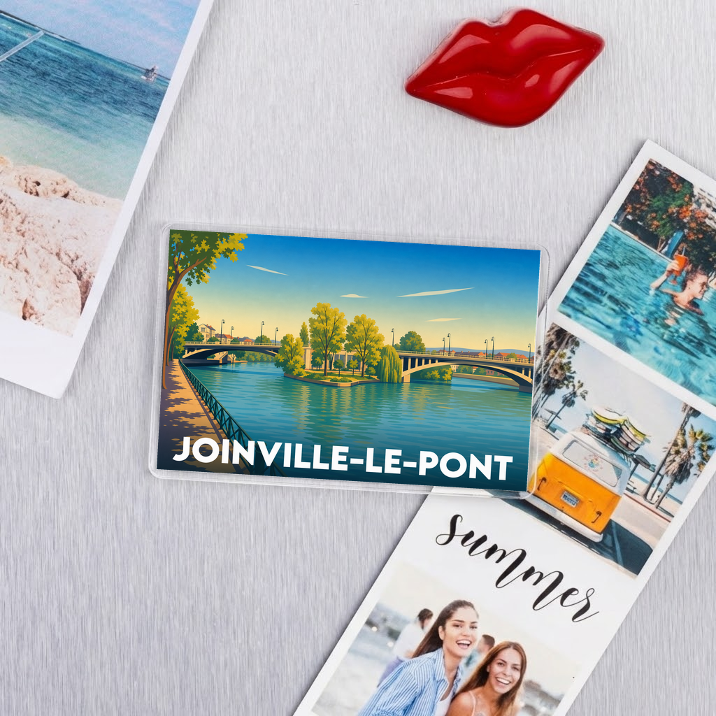 Magnet souvenir de la ville de Joinville-le-Pont avec une illustration stylisée d'un pont enjambant la rivière.