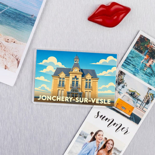 Magnet souvenir de la ville de Jonchery-sur-Vesle avec une illustration stylisée de son hôtel de ville.