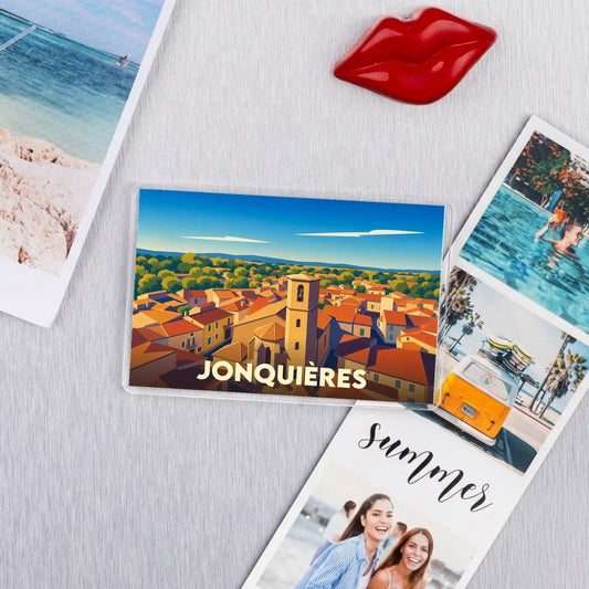 Magnet souvenir de la ville de Jonquières avec une illustration stylisée.