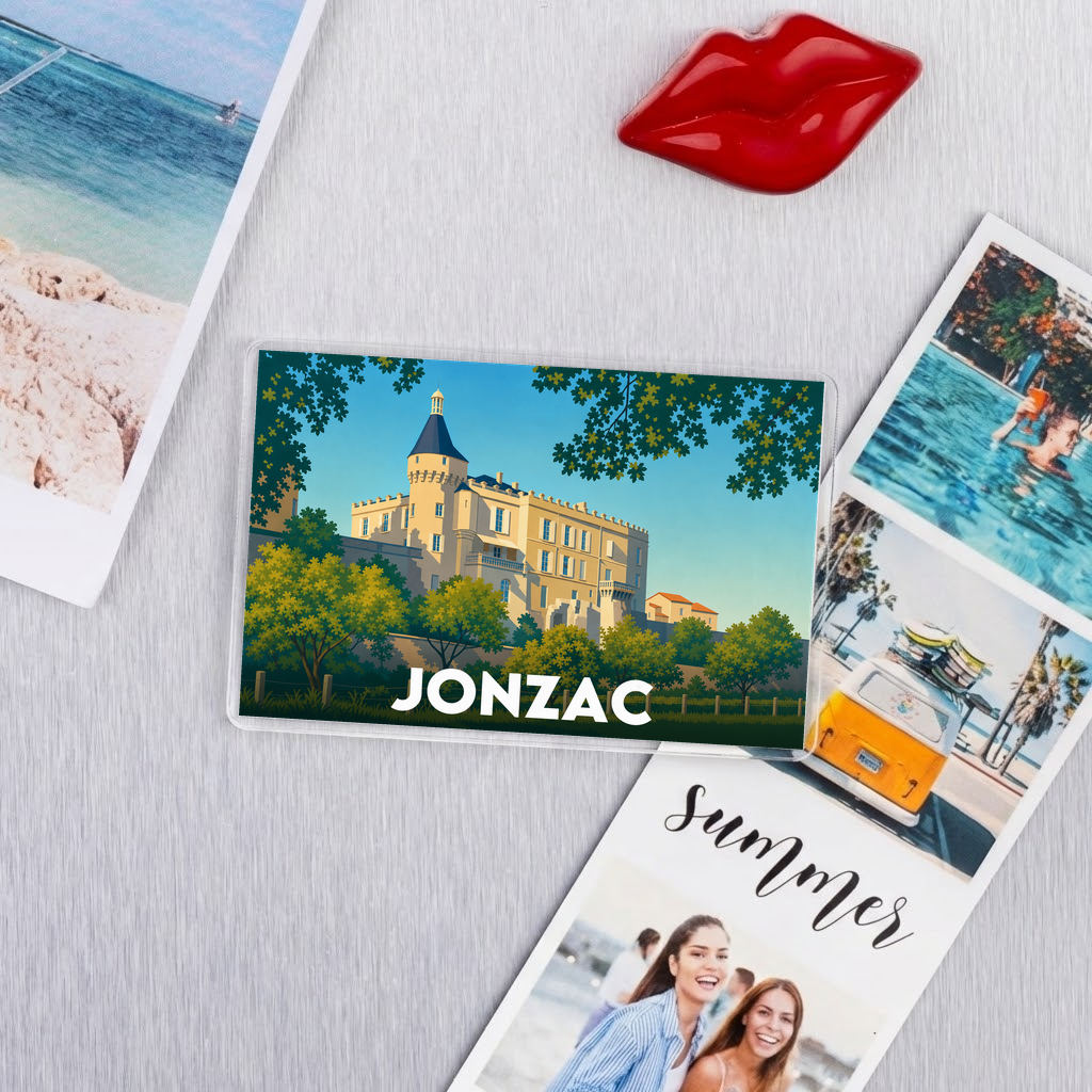 Magnet souvenir de la ville de Jonzac avec une illustration stylisée du château.