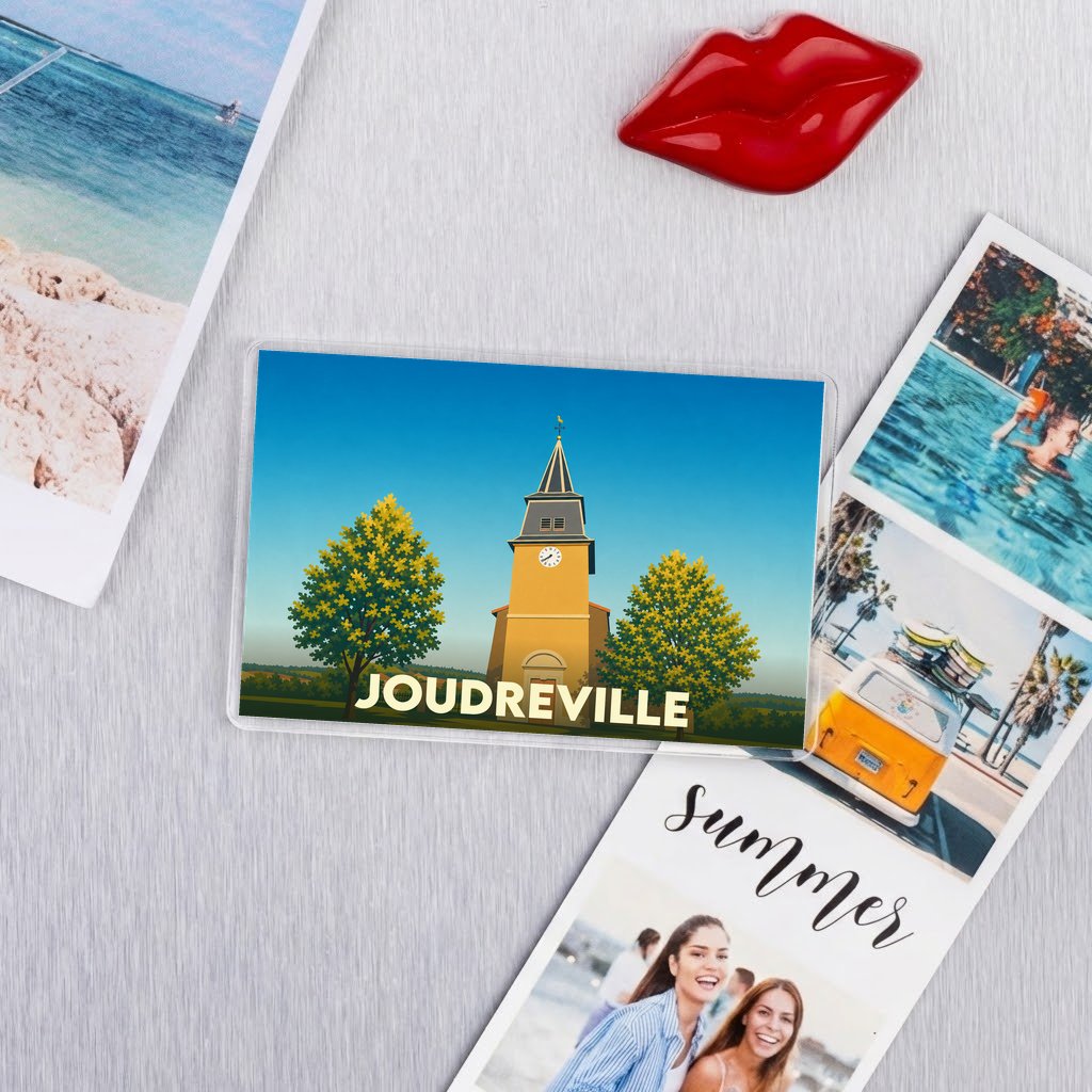 Magnet souvenir de la ville de Joudreville avec une illustration stylisée de son église.