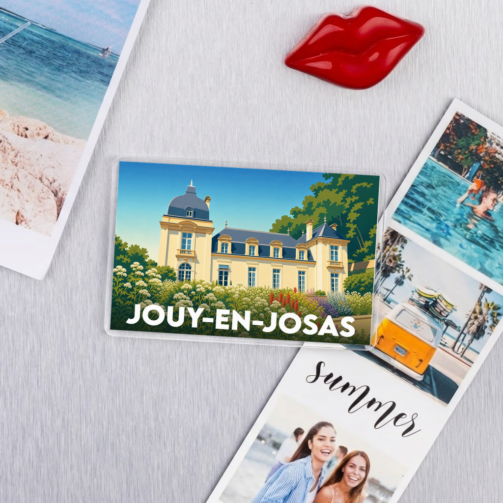 Magnet souvenir de la ville de Jouy-en-Josas avec une illustration stylisée d'un château.