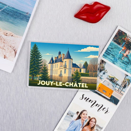 Magnet souvenir de la ville de Jouy-le-Châtel avec une illustration stylisée d'un château.