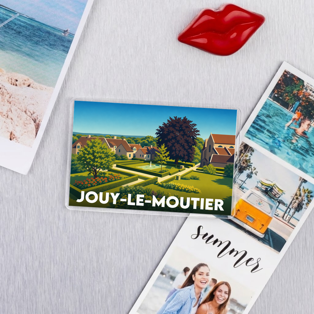 Magnet souvenir de la ville de Jouy-le-Moutier avec une illustration paysagère stylisée.
