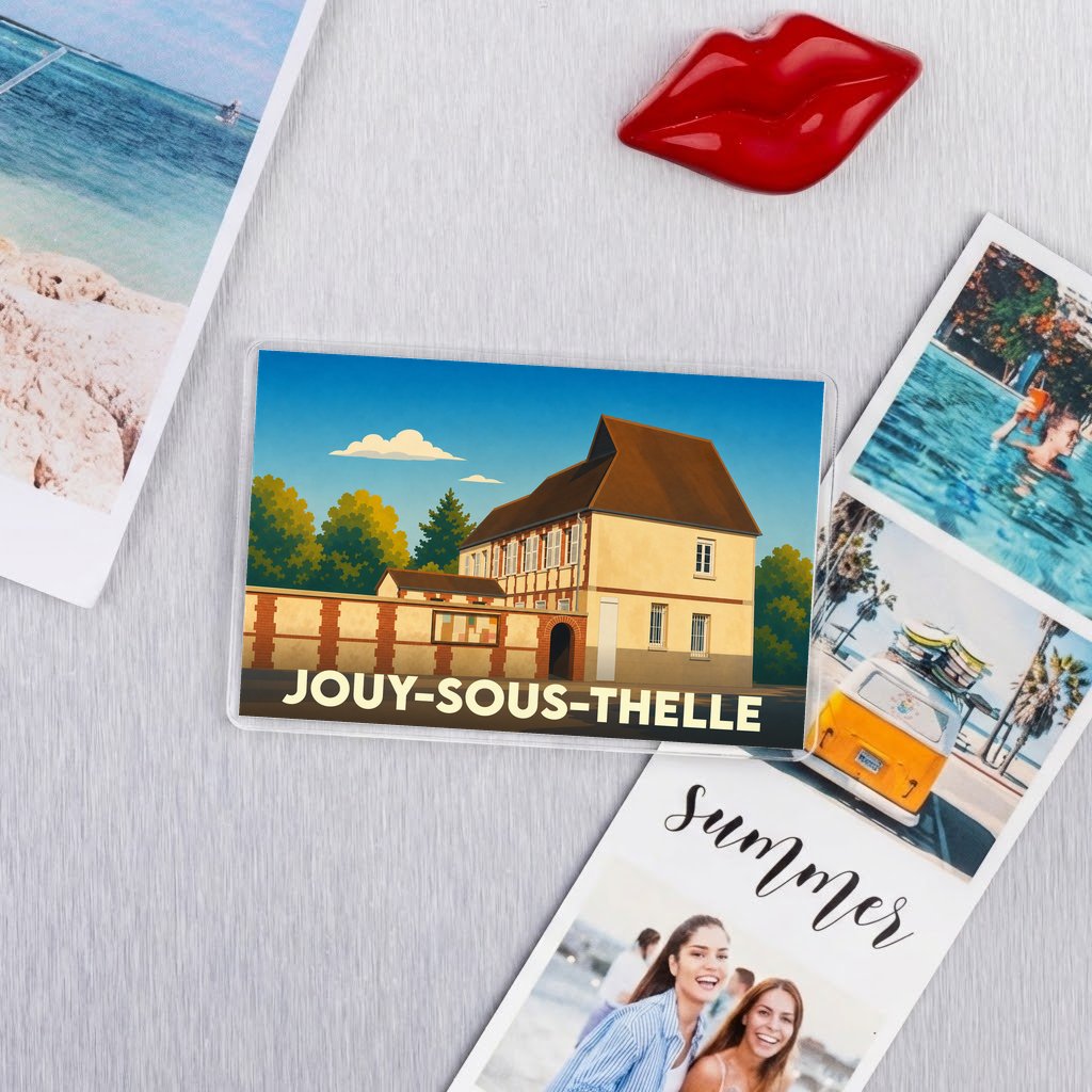 Magnet souvenir de la ville de Jouy-sous-Thelle avec une illustration stylisée.