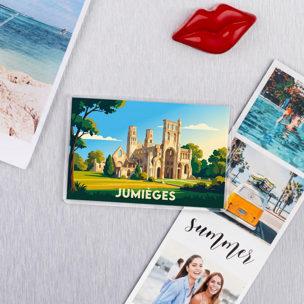 Magnet souvenir de la ville de Jumièges avec une illustration stylisée de son abbaye.