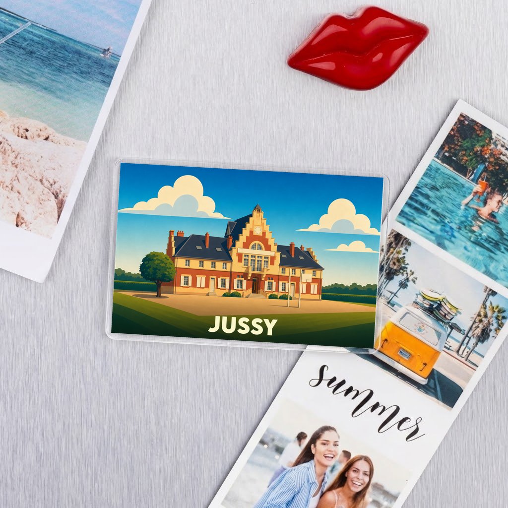 Magnet souvenir de la ville de Jussy avec une illustration stylisée de son architecture.