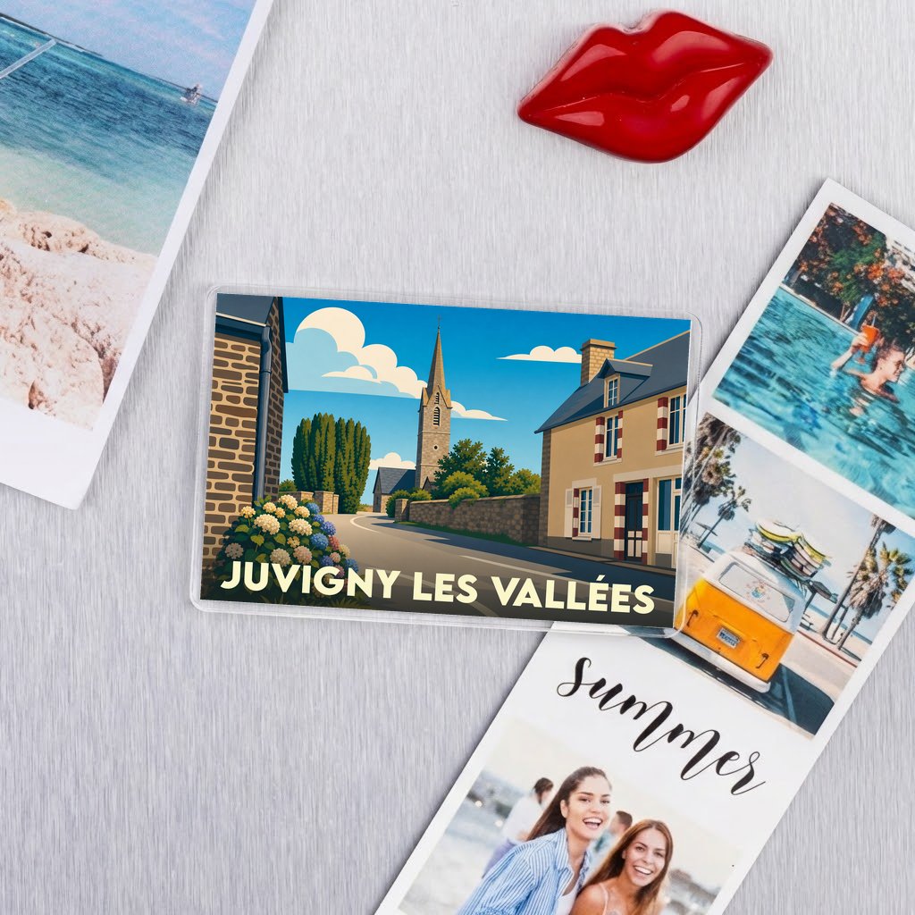 Magnet souvenir de la ville de Juvigny les Vallées avec une illustration stylisée.