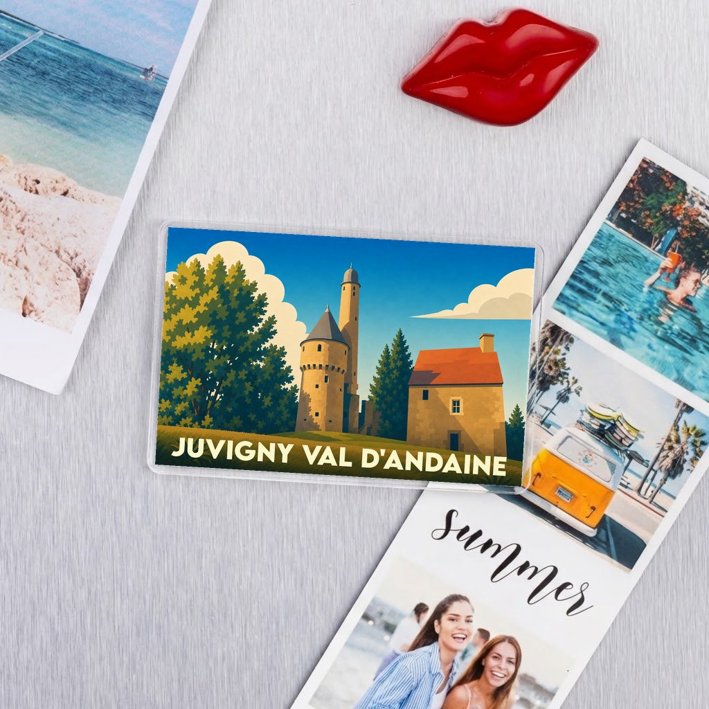 Magnet souvenir de la ville de Juvigny Val d'Andaine avec une illustration stylisée d'un château.