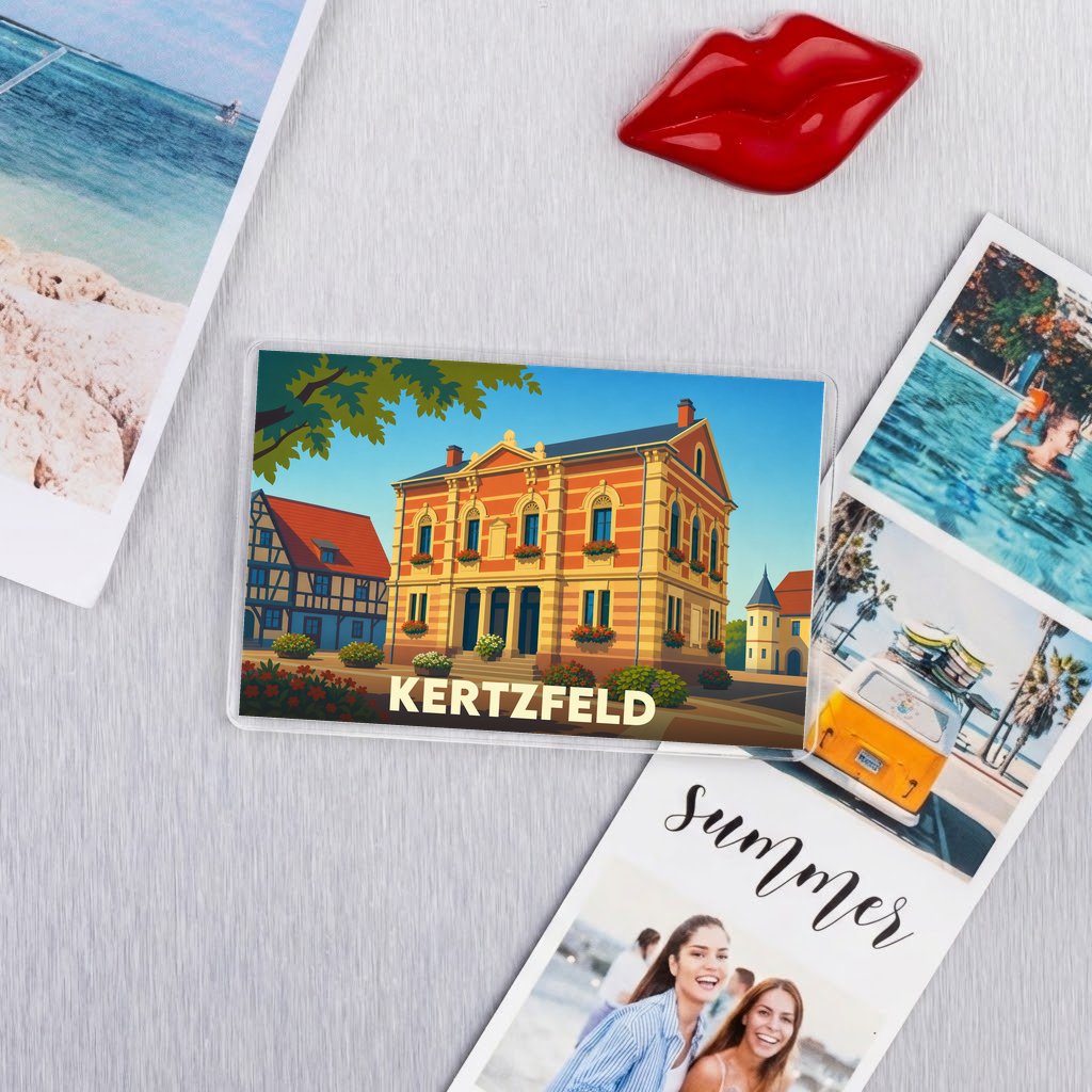 Magnet souvenir de la ville de Kertzfeld avec une illustration stylisée d'un bâtiment historique.