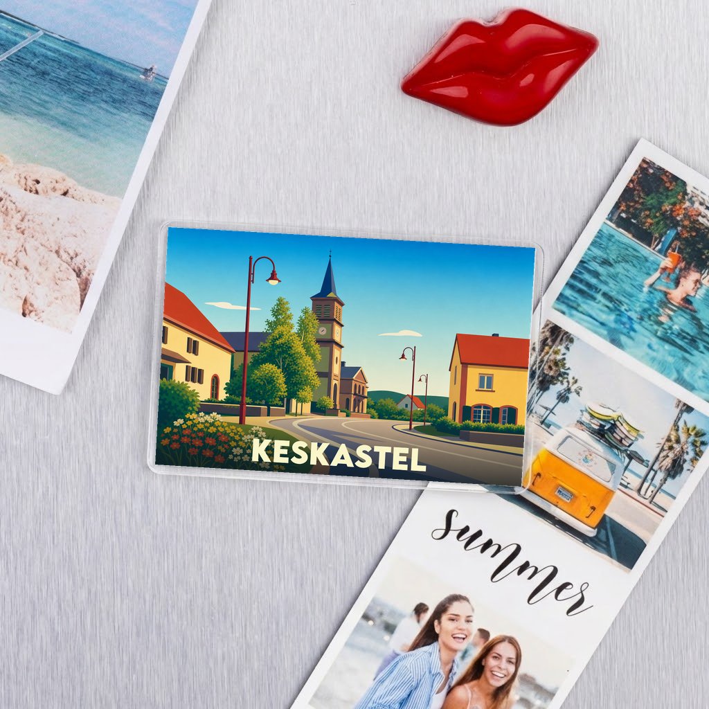 Magnet souvenir de la ville de Keskastel avec une illustration stylisée et colorée.